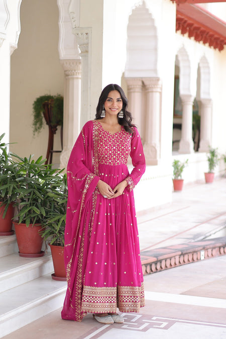 Lorenvalley Fashion Pink Faux Georgette with Rich Sequins & Zari Embroidered work Anarkali Gown with Dupatta