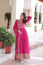 Lorenvalley Fashion Pink Faux Georgette with Rich Sequins & Zari Embroidered work Anarkali Gown with Dupatta - Distacart