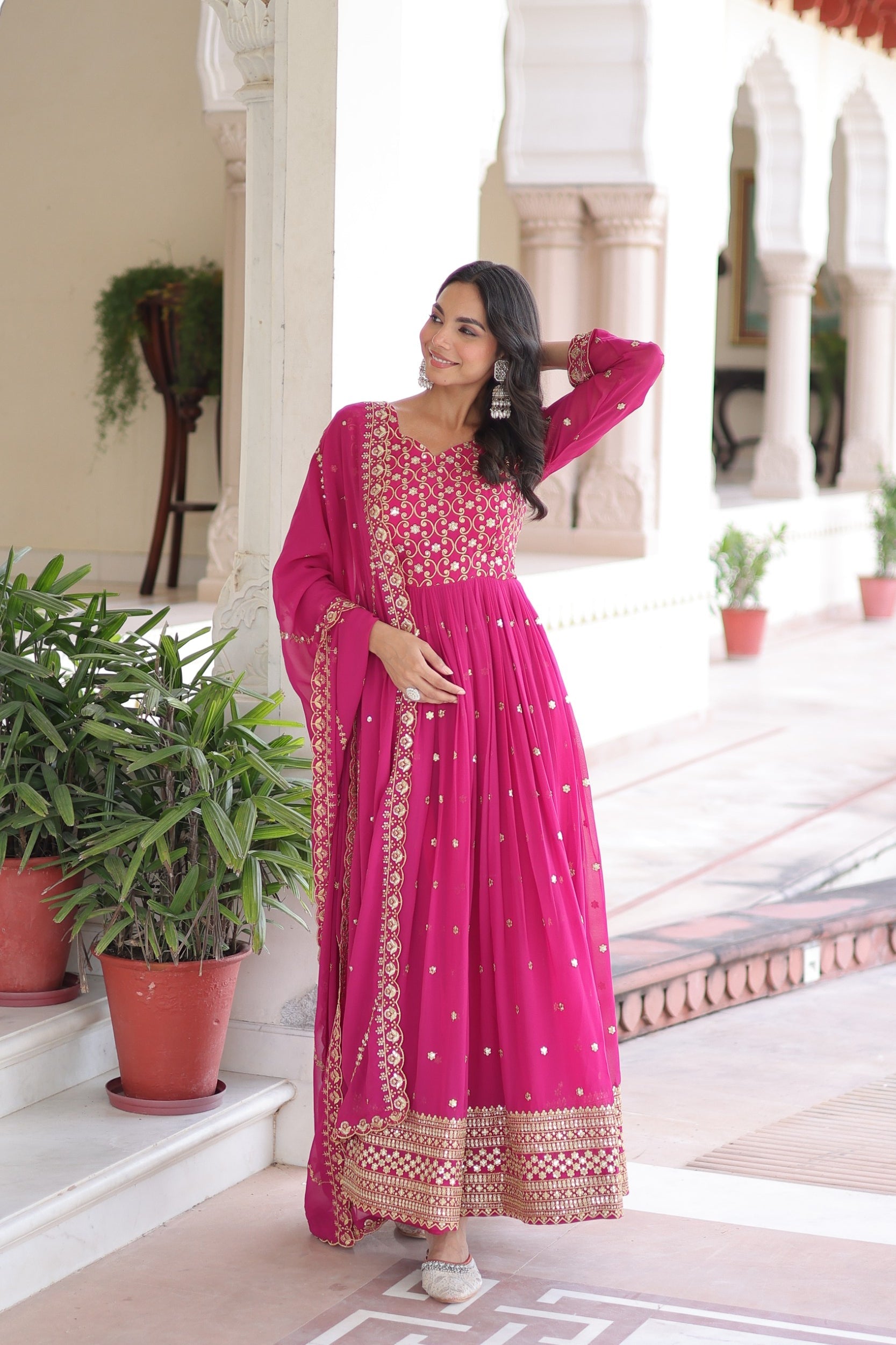 Lorenvalley Fashion Pink Faux Georgette with Rich Sequins & Zari Embroidered work Anarkali Gown with Dupatta - Distacart