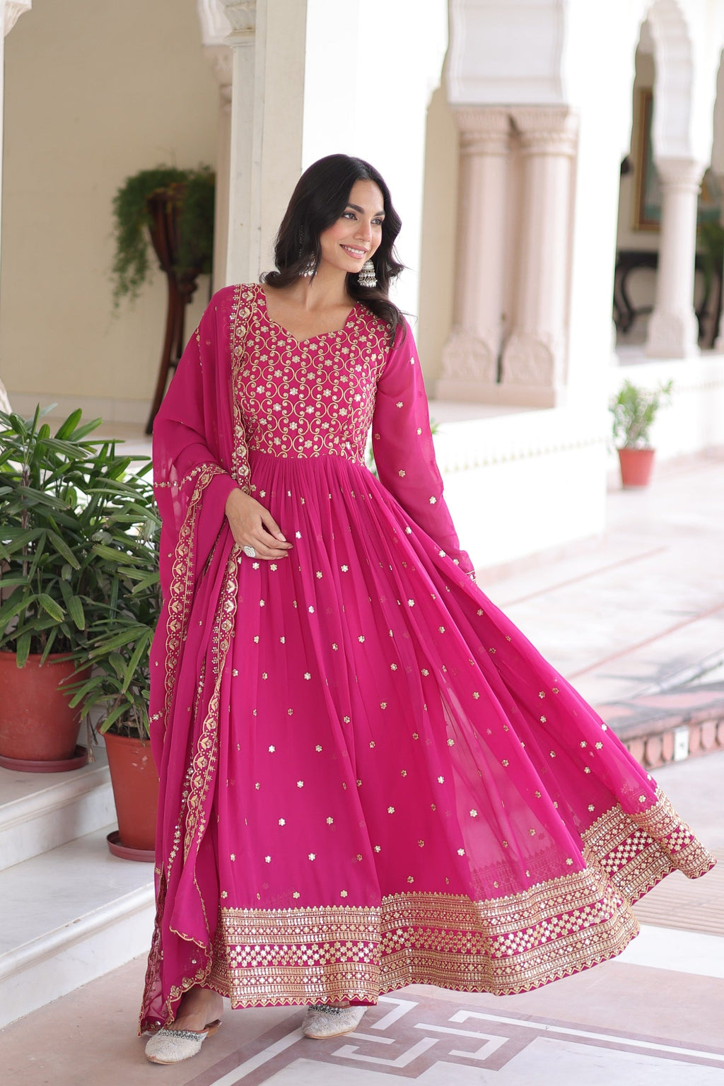 Lorenvalley Fashion Pink Faux Georgette with Rich Sequins & Zari Embroidered work Anarkali Gown with Dupatta - Distacart