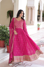 Lorenvalley Fashion Pink Faux Georgette with Rich Sequins & Zari Embroidered work Anarkali Gown with Dupatta - Distacart