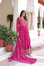 Lorenvalley Fashion Pink Faux Georgette with Rich Sequins & Zari Embroidered work Anarkali Gown with Dupatta - Distacart