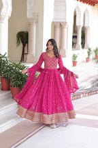 Lorenvalley Fashion Pink Faux Georgette with Rich Sequins & Zari Embroidered work Anarkali Gown with Dupatta - Distacart