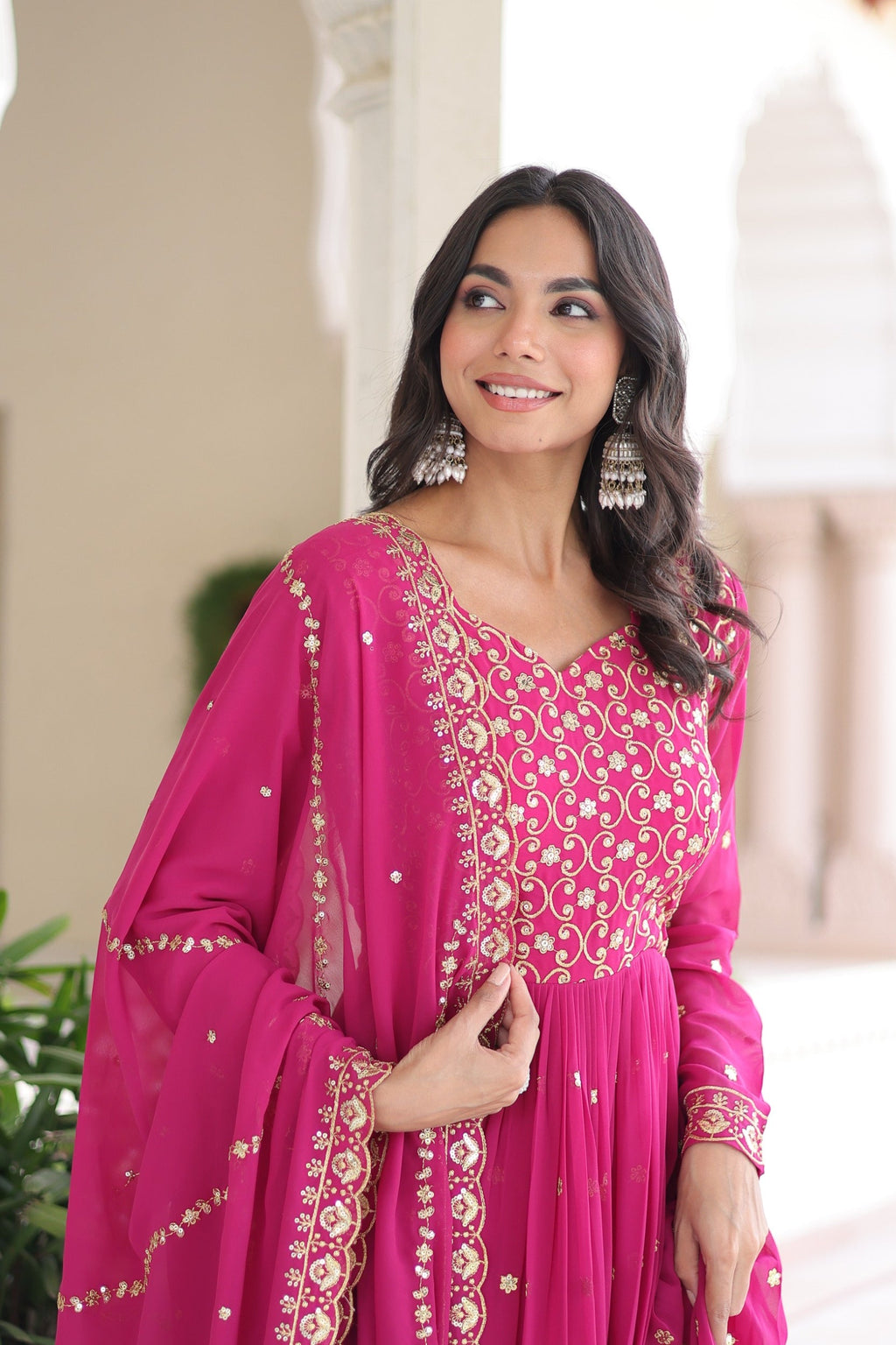 Lorenvalley Fashion Pink Faux Georgette with Rich Sequins & Zari Embroidered work Anarkali Gown with Dupatta - Distacart