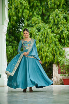Lorenvalley Fashion Skyblue Vichitra Silk with Rich Sequins Multi Thread & Zari Embroidered work Anarkali Gown with Dupatta - Distacart