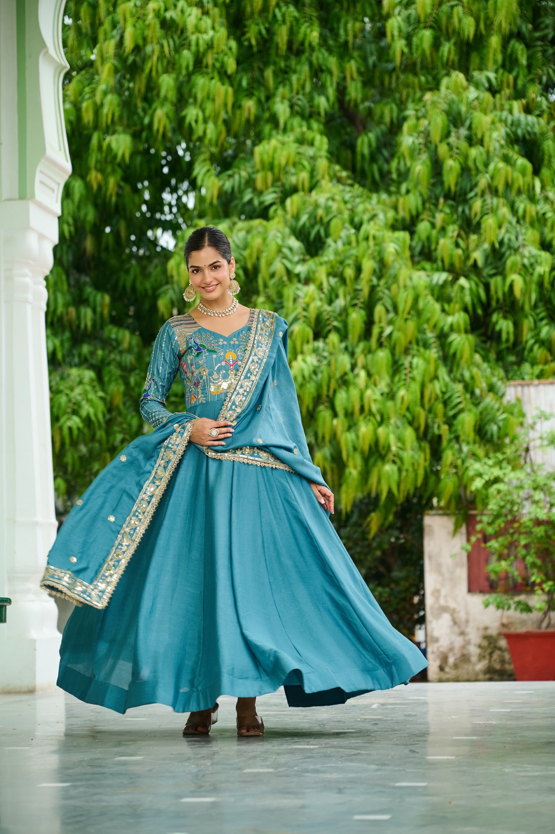 Lorenvalley Fashion Skyblue Vichitra Silk with Rich Sequins Multi Thread & Zari Embroidered work Anarkali Gown with Dupatta - Distacart
