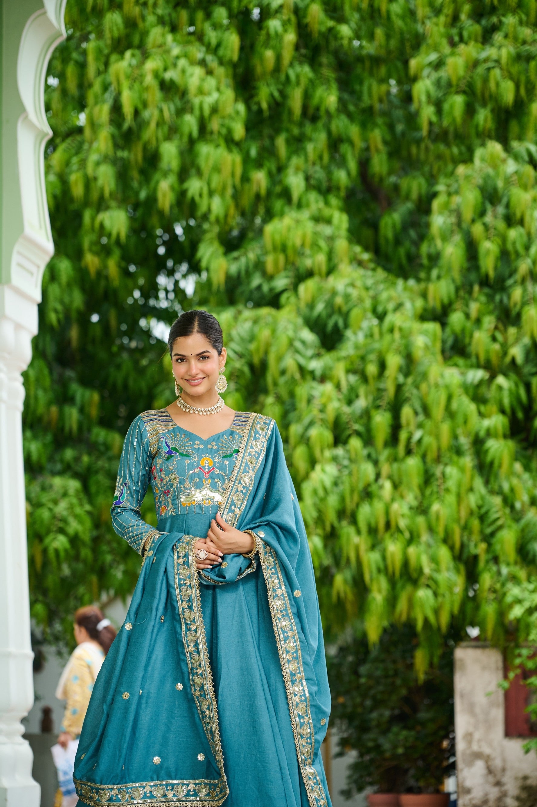 Lorenvalley Fashion Skyblue Vichitra Silk with Rich Sequins Multi Thread & Zari Embroidered work Anarkali Gown with Dupatta - Distacart