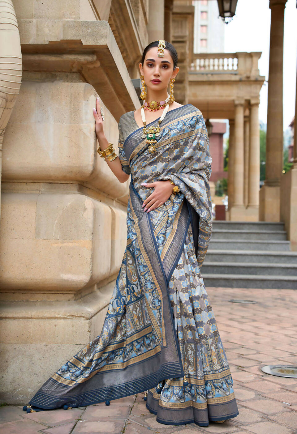 Steel Teal Blue Superior V.P.Silk Woven Printed Patola Silk Saree - Rewaa Milano