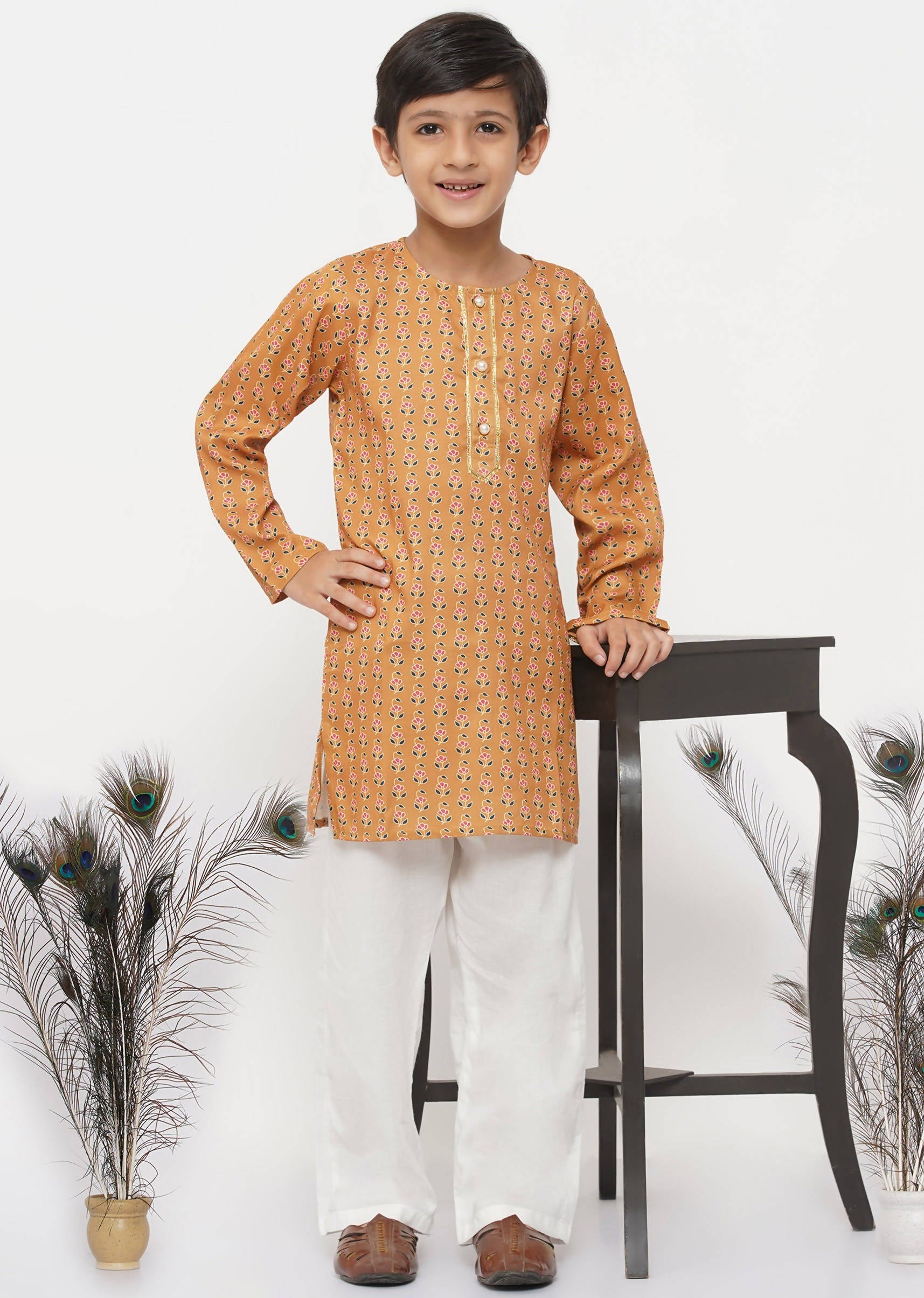 Little Bansi Boys Cotton Silk Floral Kurta with Pearl Buttons & Pyjama - Orange & Cream