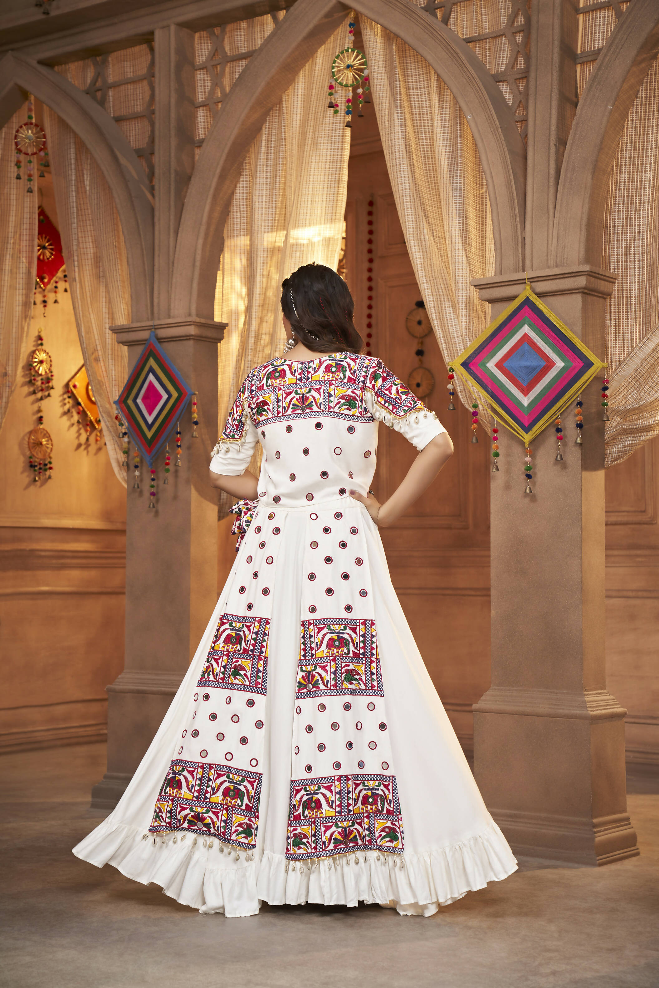 White Viscose Rayon Thread Embroidered Work With Mirror All Over Navratri Lehenga Choli With Dupatta - Raas