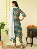 Myshka Women's Green Pure Cotton Kurta & Trousers With Dupatta Party Sets