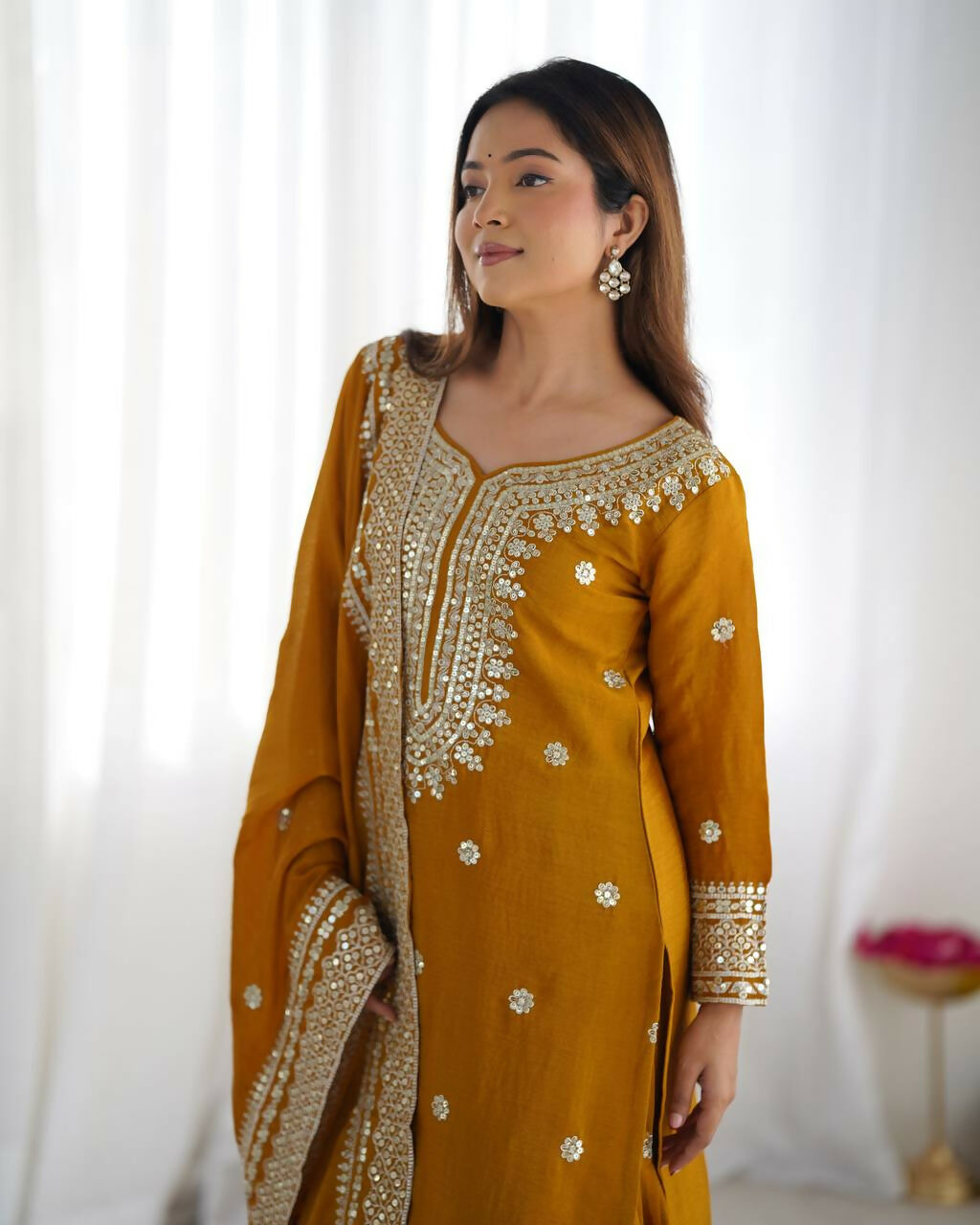 Joban Fashion Mustard Kurta Set Silk Sequins , Zari, Coding & Thread Embroidered work - Distacart