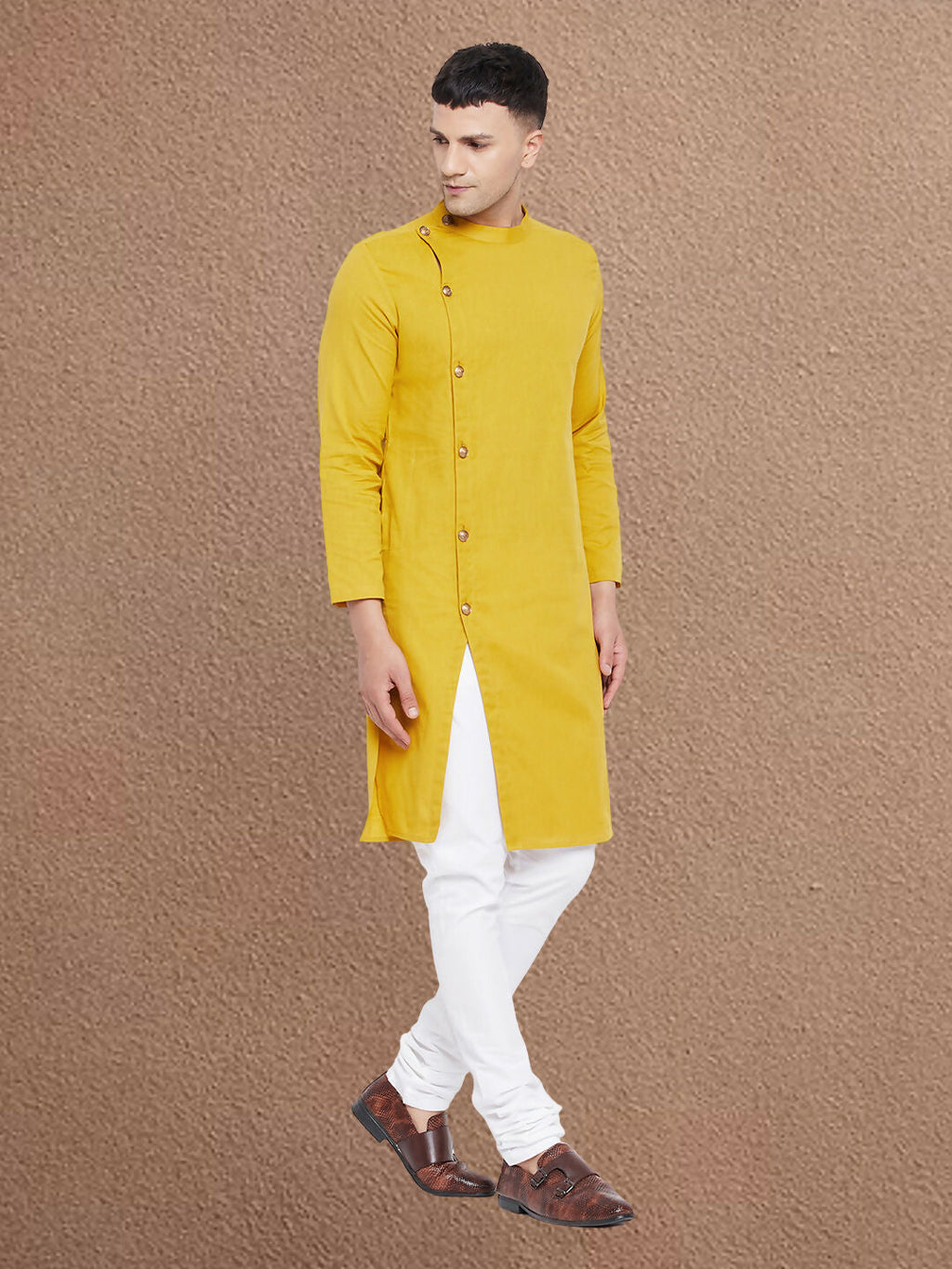 Even Apparels Men's Asymetrical Yellow Sherwani Kurta