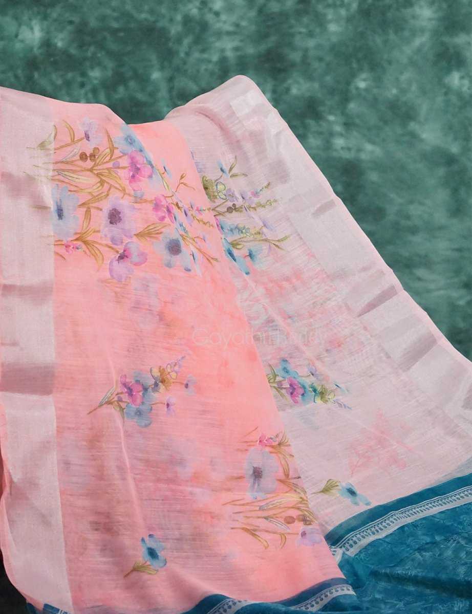 Baby Peach Floral Print Semi Chanderi Saree By Gayathri Reddy Designer Studio - Distacart