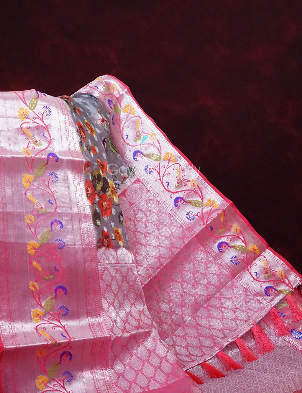 Grey And Baby Pink Colour Banaras Borders And Creeper Design Semi Silk Saree By Gayathri Reddy Designer Studio