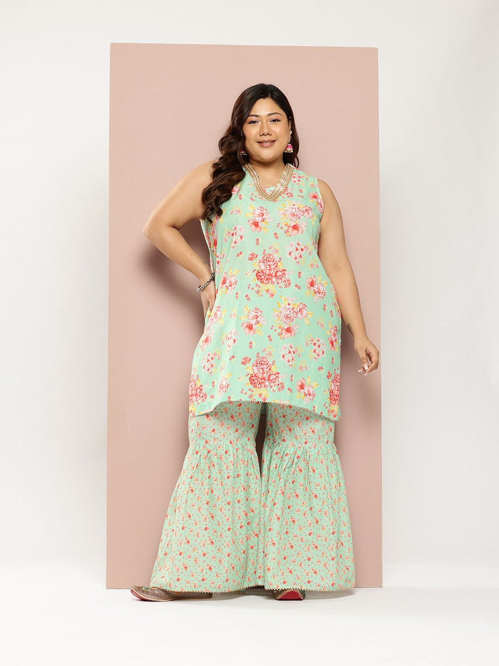 Sztori Plus Size Floral Printed Gotta Patti Pure Cotton Kurta with Sharara