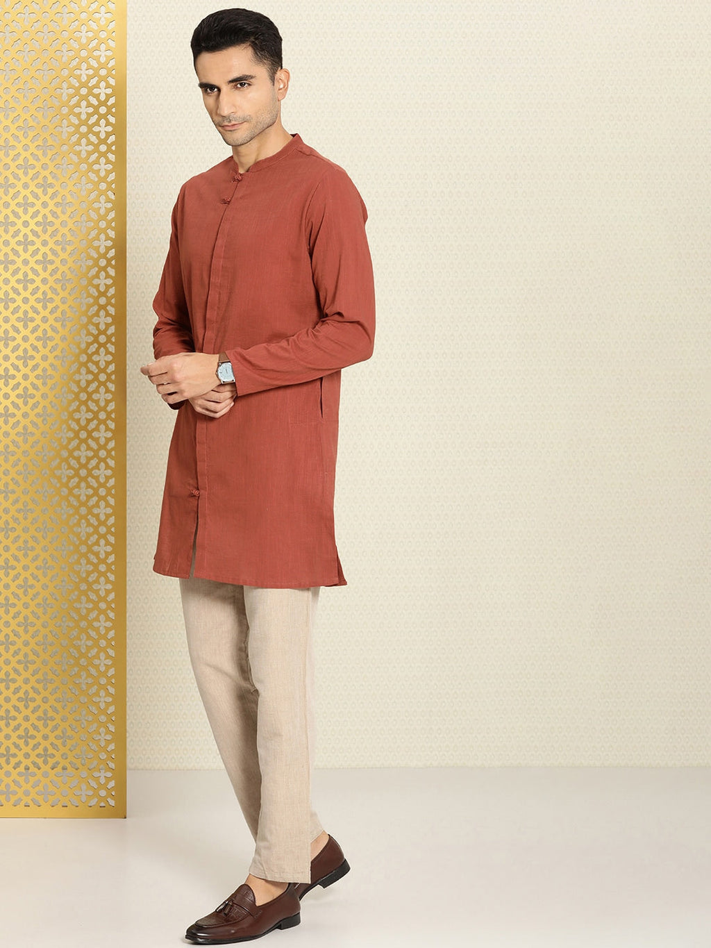 House of Pataudi Men Pure Cotton Solid Straight Mandarin Collar Rozana Kurta