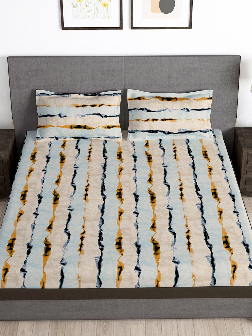 Story@home Arena Cream-Coloured & Grey Printed 180 TC Bedsheet & Pillow Covers - Distacart