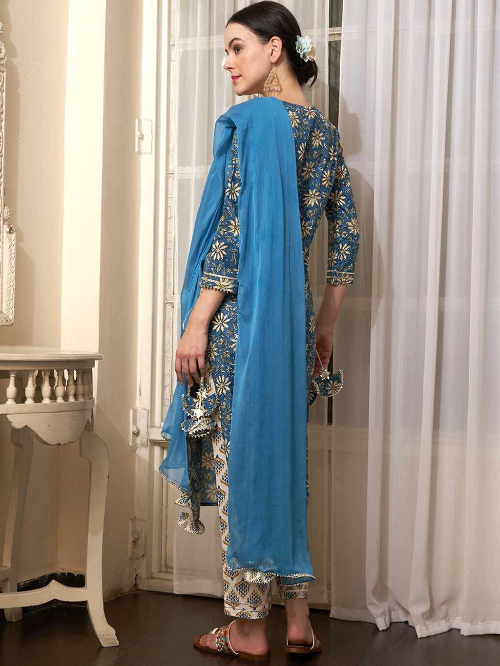 Sangria Blue Ethnic Motifs Printed Cotton Kurta with Trousers & Dupatta