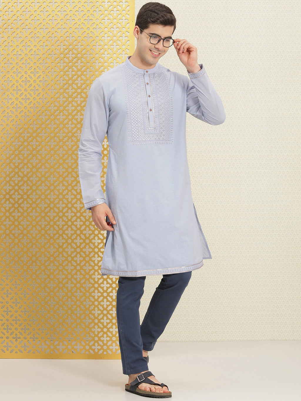 House of Pataudi Jashn Pure Cotton Yoke Design Sequinned Kurta