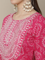 Sangria Women Pink & White Bandhani Printed Thread Work Kurta