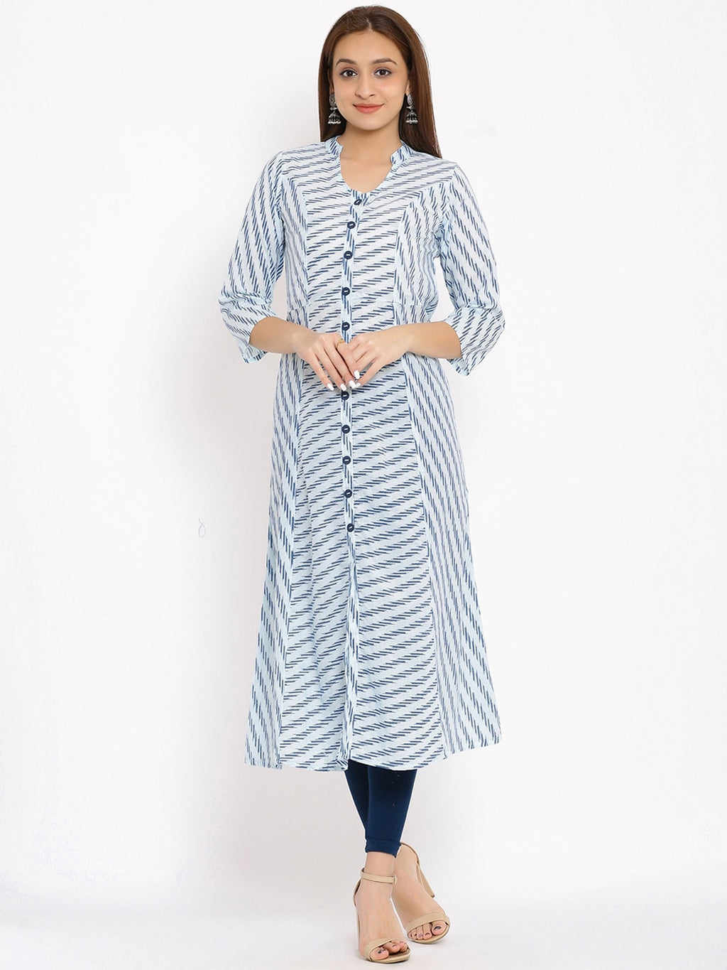 HERE&NOW Blue & White Striped Mandarin Collar Kurta