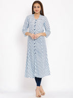 HERE&NOW Blue & White Striped Mandarin Collar Kurta