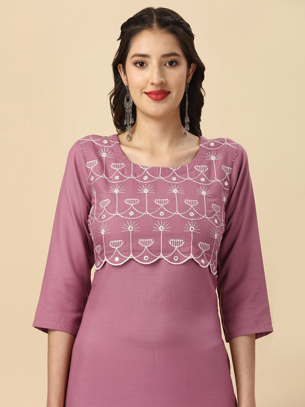 HERE&NOW Mauve & Biege Ethnic Motifs Embroidered Yoke Design Mirror Work Kurta