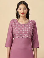 HERE&NOW Mauve & Biege Ethnic Motifs Embroidered Yoke Design Mirror Work Kurta