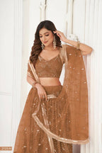 Aastha Fashion Brown Butterfly Net Tone To Tone Thread Work, Sequence Work And Original Mirror Work Embroidery Wedding Wear Lehenga Choli
