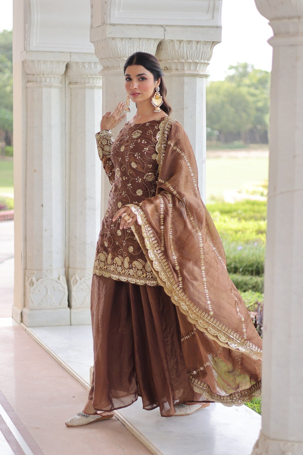 Lorenvalley Fashion Brown Fendy Satin with Rich Sequins Embroidered work Kurta Pant with Dupatta - Distacart