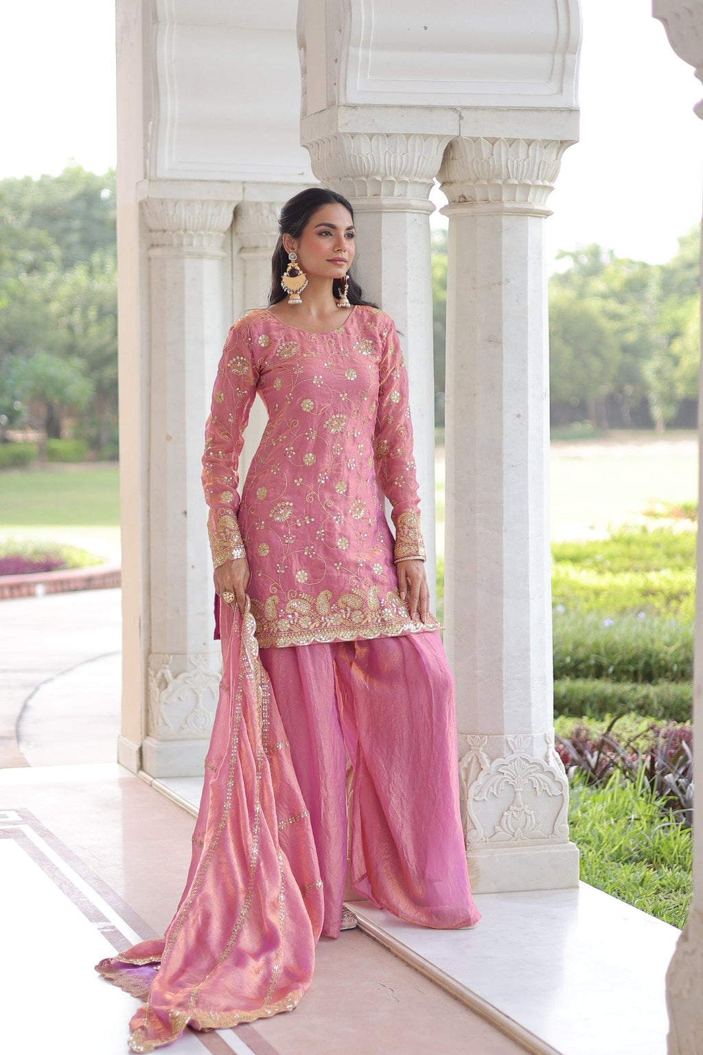 Lorenvalley Fashion Pink Fendy Satin with Rich Sequins Embroidered work Kurta Pant with Dupatta - Distacart