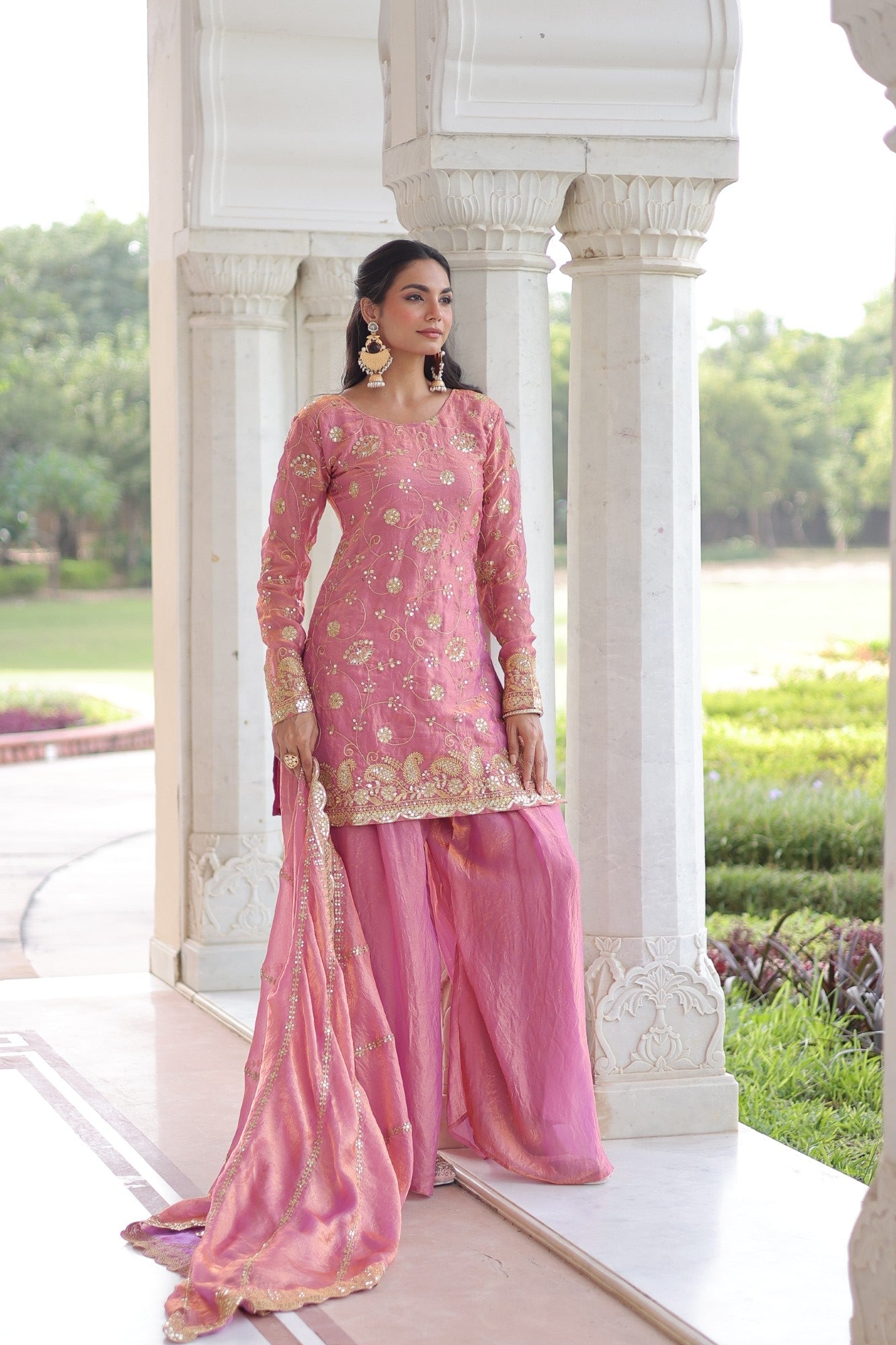 Lorenvalley Fashion Pink Fendy Satin with Rich Sequins Embroidered work Kurta Pant with Dupatta - Distacart
