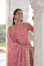 Lorenvalley Fashion Pink Fendy Satin with Rich Sequins Embroidered work Kurta Pant with Dupatta - Distacart