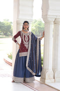 Lorenvalley Fashion Maroon NC Silk With Sequins and Coding Embroidered work Kurta Sharara with Dupatta - Distacart
