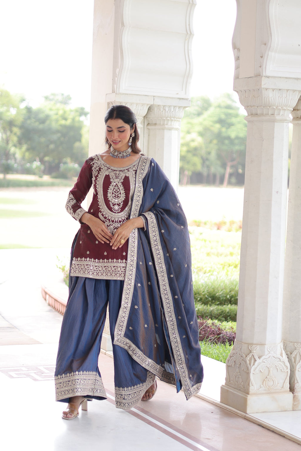 Lorenvalley Fashion Maroon NC Silk With Sequins and Coding Embroidered work Kurta Sharara with Dupatta - Distacart