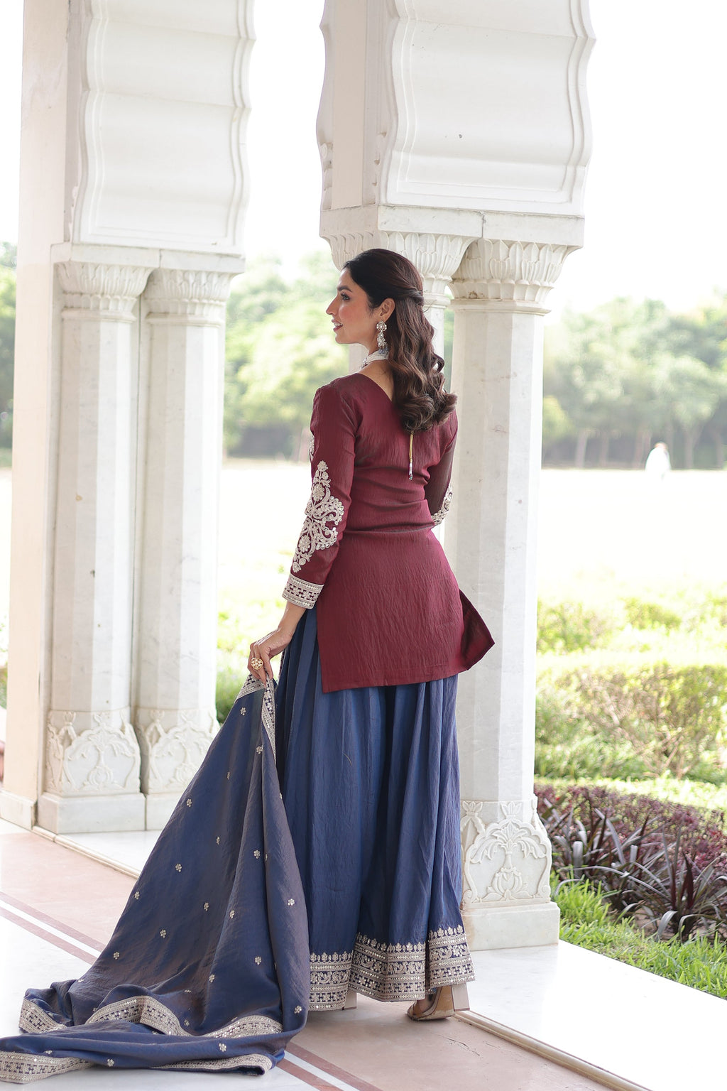 Lorenvalley Fashion Maroon NC Silk With Sequins and Coding Embroidered work Kurta Sharara with Dupatta - Distacart