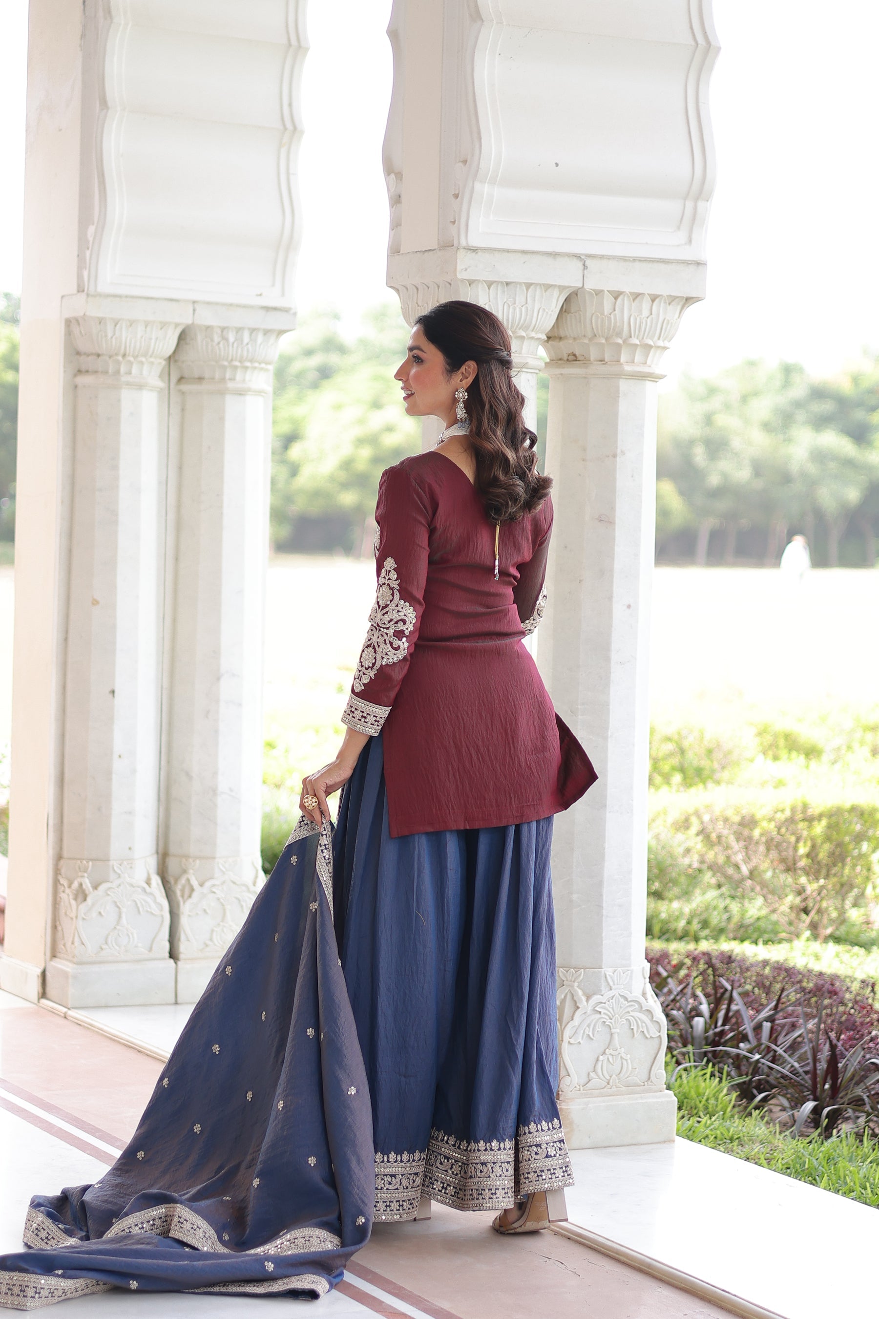 Lorenvalley Fashion Maroon NC Silk With Sequins and Coding Embroidered work Kurta Sharara with Dupatta - Distacart