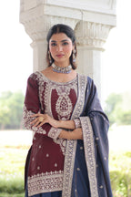 Lorenvalley Fashion Maroon NC Silk With Sequins and Coding Embroidered work Kurta Sharara with Dupatta - Distacart