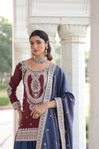 Lorenvalley Fashion Maroon NC Silk With Sequins and Coding Embroidered work Kurta Sharara with Dupatta - Distacart