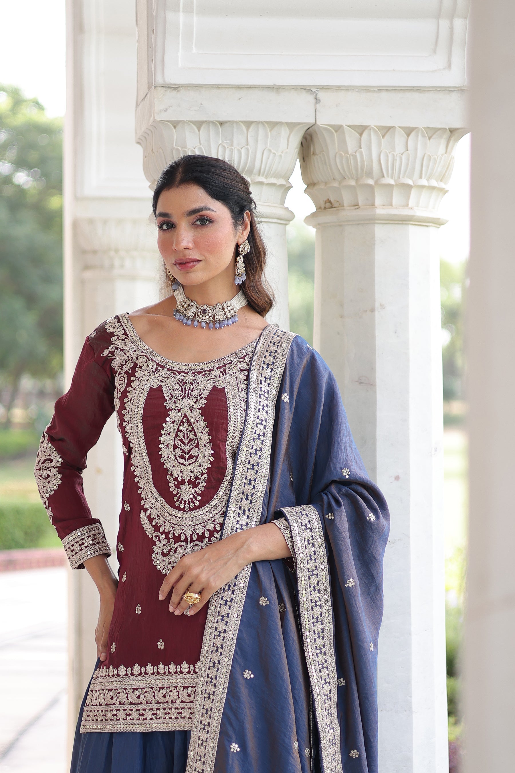 Lorenvalley Fashion Maroon NC Silk With Sequins and Coding Embroidered work Kurta Sharara with Dupatta - Distacart