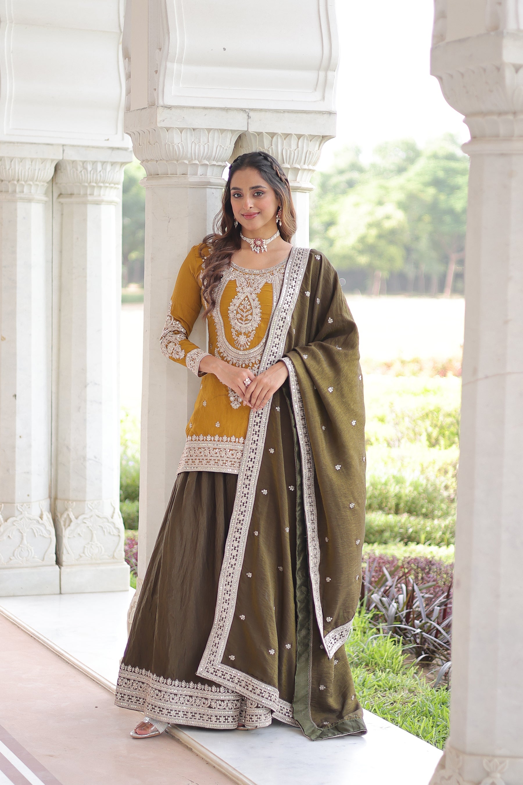 Lorenvalley Fashion Yellow NC Silk With Sequins and Coding Embroidered work Kurta Sharara with Dupatta - Distacart