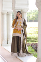 Lorenvalley Fashion Yellow NC Silk With Sequins and Coding Embroidered work Kurta Sharara with Dupatta - Distacart