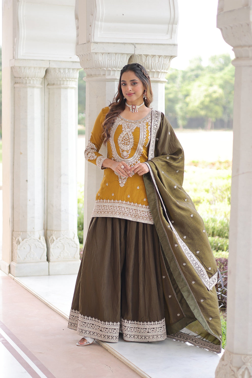 Lorenvalley Fashion Yellow NC Silk With Sequins and Coding Embroidered work Kurta Sharara with Dupatta - Distacart