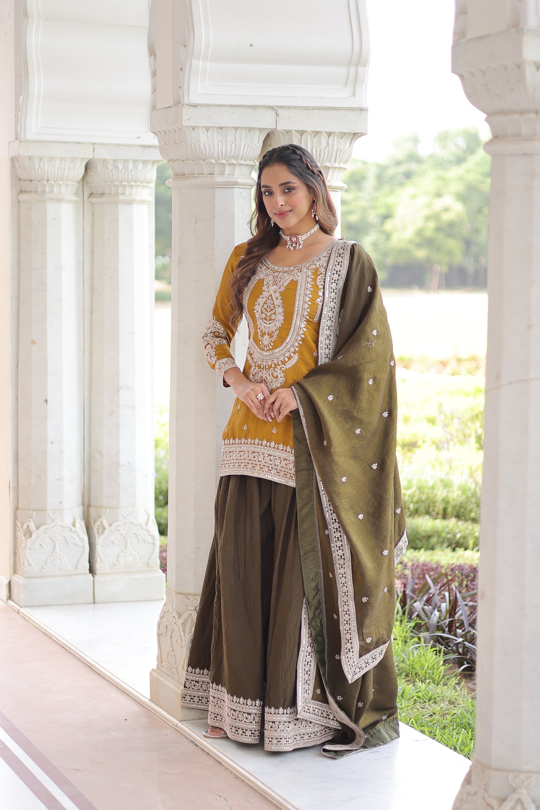 Lorenvalley Fashion Yellow NC Silk With Sequins and Coding Embroidered work Kurta Sharara with Dupatta - Distacart