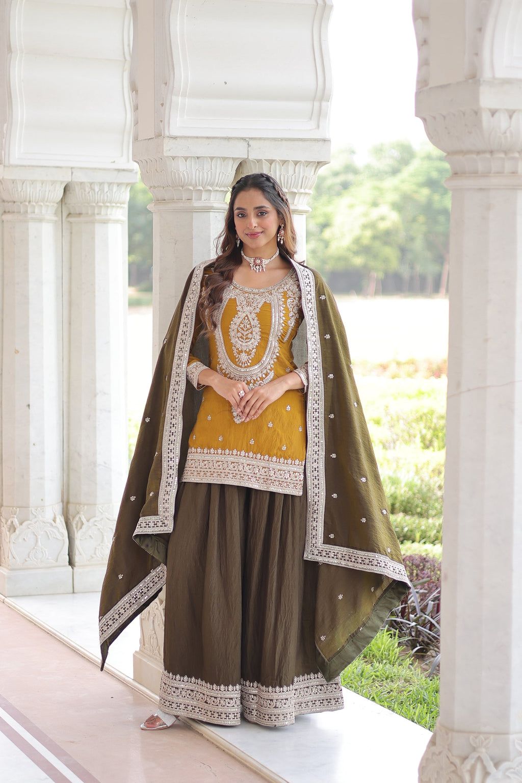 Lorenvalley Fashion Yellow NC Silk With Sequins and Coding Embroidered work Kurta Sharara with Dupatta - Distacart