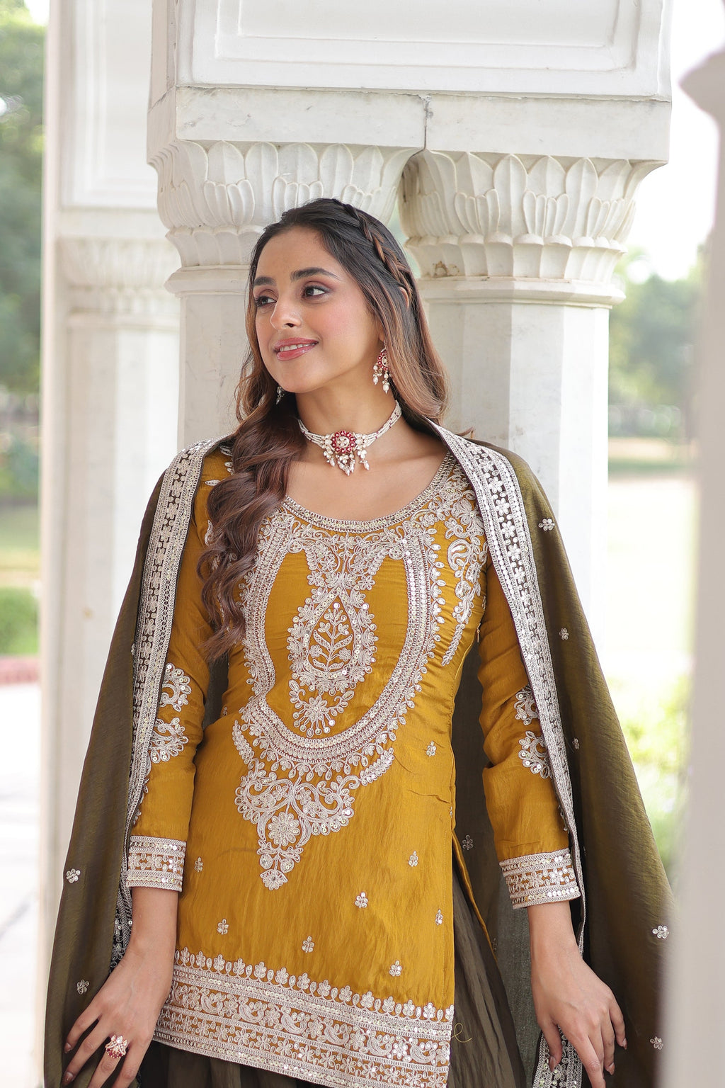 Lorenvalley Fashion Yellow NC Silk With Sequins and Coding Embroidered work Kurta Sharara with Dupatta - Distacart