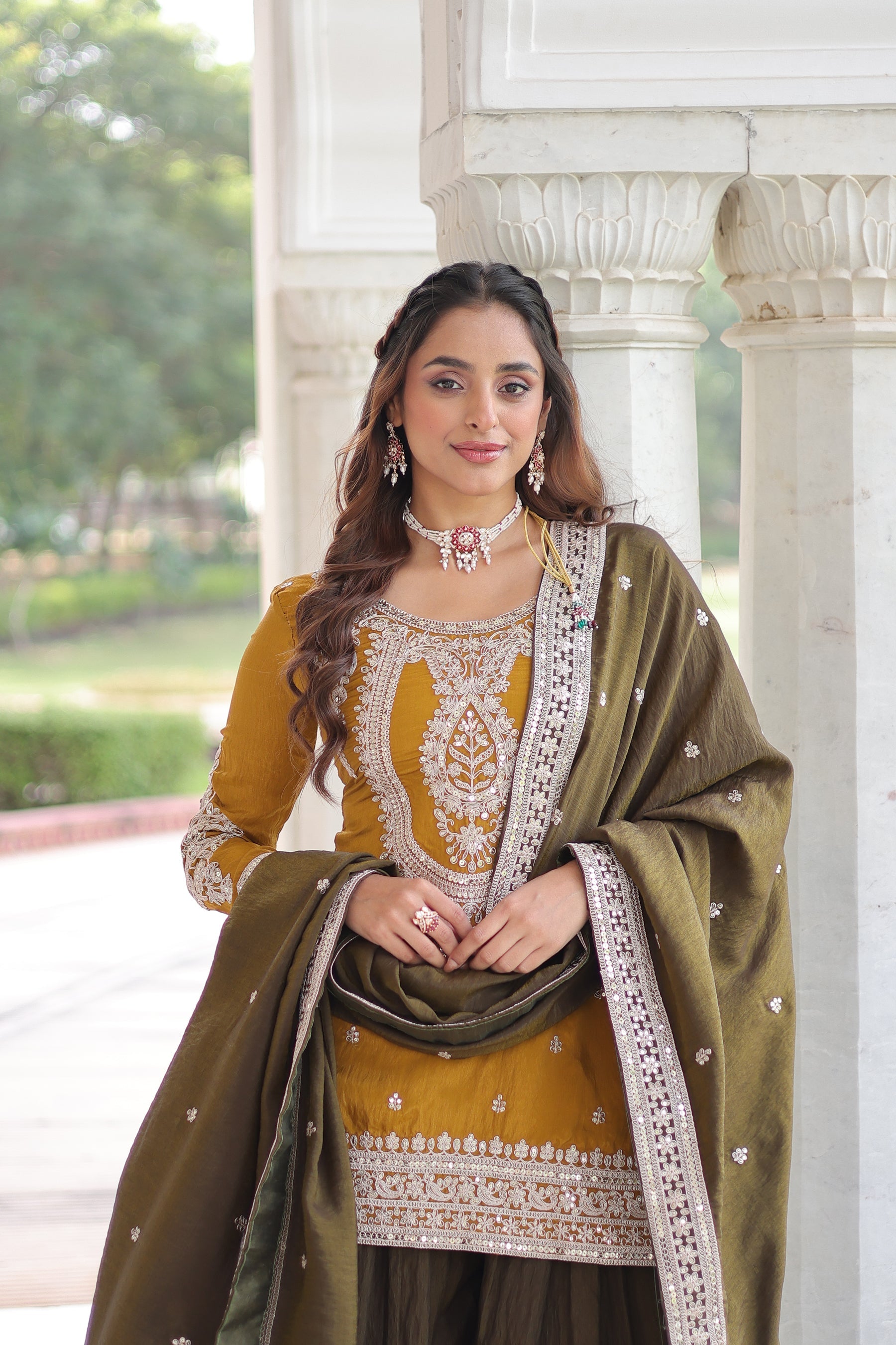 Lorenvalley Fashion Yellow NC Silk With Sequins and Coding Embroidered work Kurta Sharara with Dupatta - Distacart