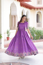 Lorenvalley Fashion Purple Vichitra Silk with Sequins, Zari & Thread Embroidered work Gown with Koti - Distacart