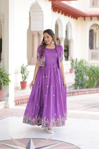Lorenvalley Fashion Purple Vichitra Silk with Sequins, Zari & Thread Embroidered work Gown with Koti - Distacart